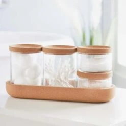 B&M Storage Jars 5pk -Cheap Home Style Store 373970 set of 4 glass storage jars with cork lids and tray