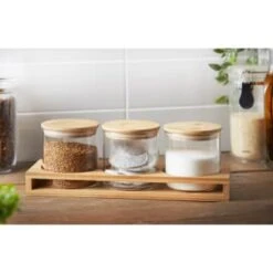 B&M Natural Home Glass Jars In Bamboo Stand 3pk -Cheap Home Style Store 380530 3pk natural home glass jars in bamboo stand 2